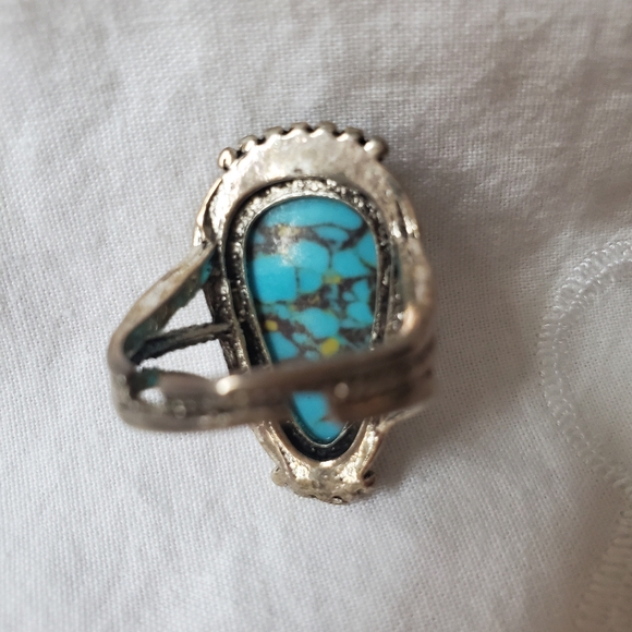 Turquoise Style Stone Ring Antiqued Silver Metal Adjustable Ornate Coastal Boho - Picture 5 of 9